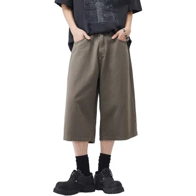 隐狼世家 潮牌美式做旧水洗舒适宽松七分休闲短裤 男款 卡其色