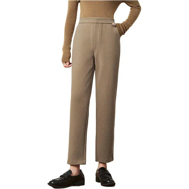 粉红玛琍 时尚简约舒适纯色通勤高腰直筒休闲裤 女款 驼色