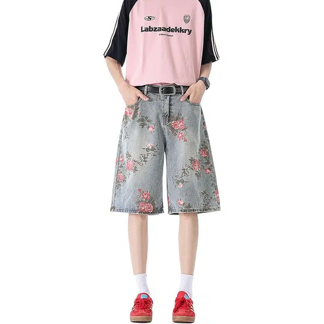 宝米卡 美式高街花卉五分裤高级感玫瑰满印直筒牛仔短裤 男女同款