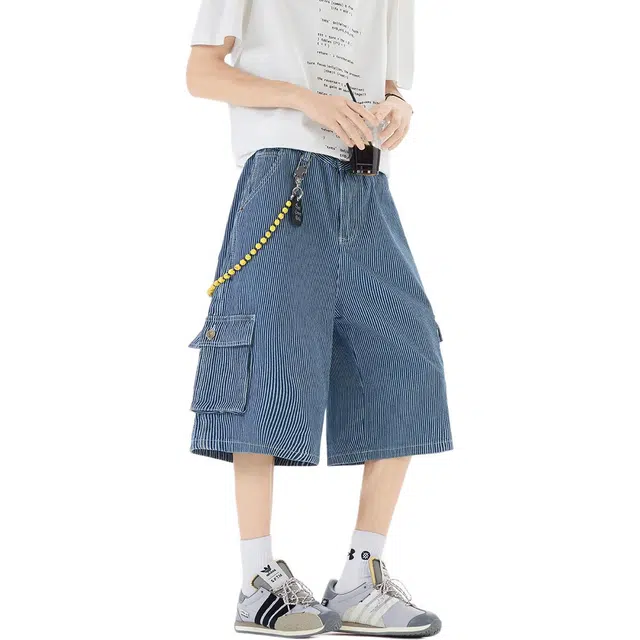 颂希尔 美式复古多口袋条纹工装街头宽松夏季五分裤潮牛仔短裤 男女同款