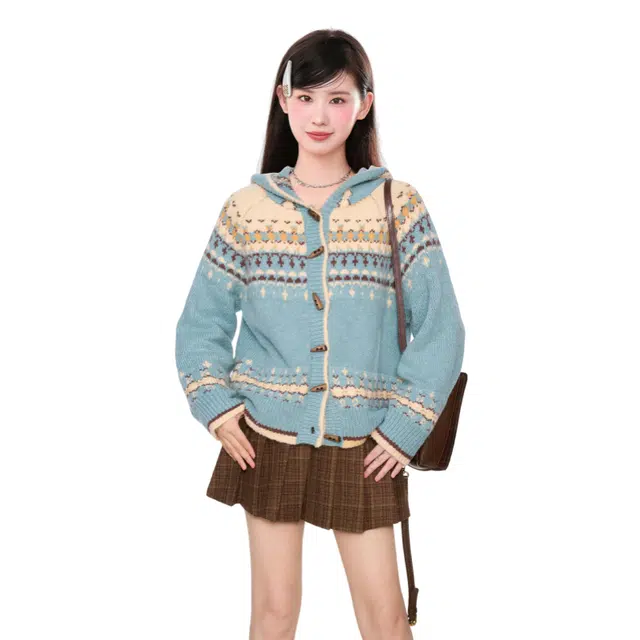 柏黛妃 韩系连帽加厚慵懒风开衫舒适长袖毛衣 女款 蓝色