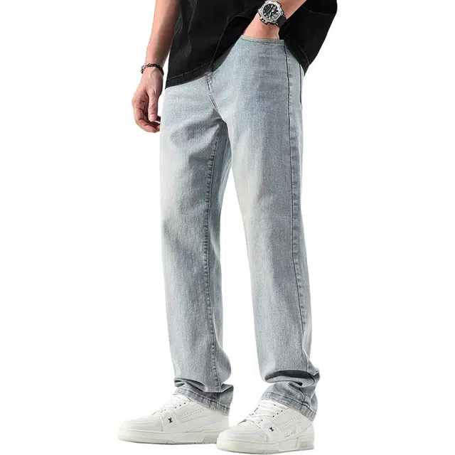 瑞梵帝斯 美式潮牌高街复古潮流百搭做旧水洗宽松垂坠感直筒牛仔裤 男款