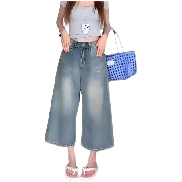 天才小熊 潮流时尚美式水洗裤夏季大码直筒裤宽松高腰阔腿裤七分裤牛仔短裤 女款