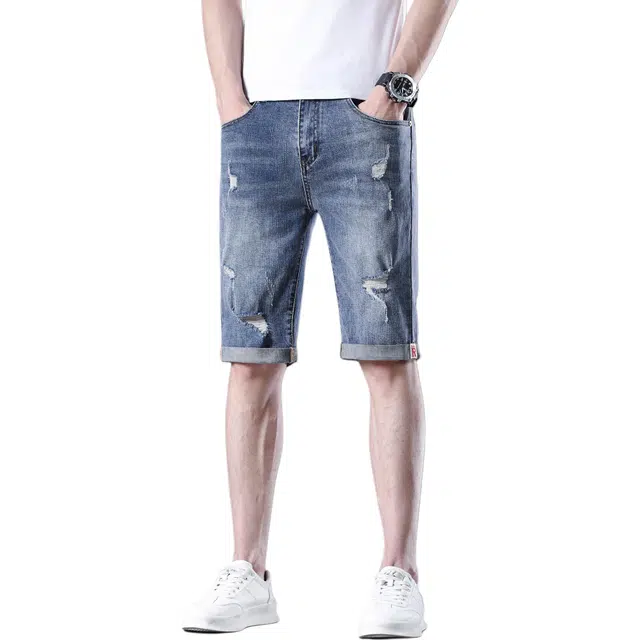 瑞梵帝斯 美式复古水洗做旧潮流高街多巴无性别主义设计感破洞户外运动宽松柔软舒适日常通勤显高显瘦抽绳牛仔五分裤男生短裤 男款