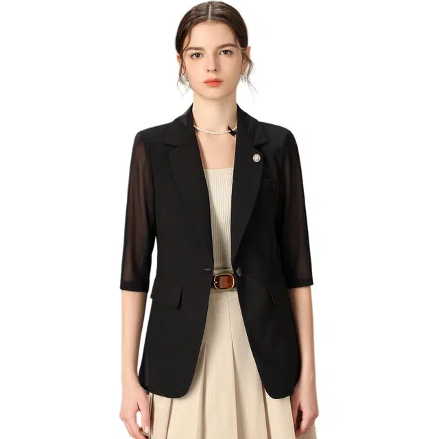 粉红玛琍 纯色一粒扣舒适七分袖西装 女款 黑色