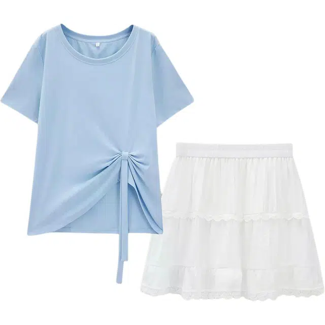 爱依服 夏季韩版休闲纯色短袖圆领裙装套装 女款