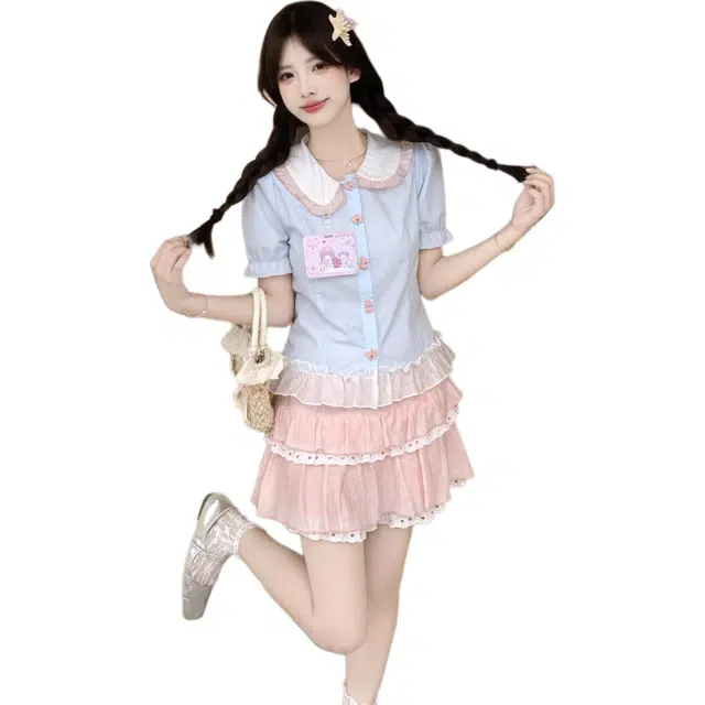 黛尔佳人 可爱指挥官甜妹学院风短袖衬衫蛋糕裙裙装套装 女款