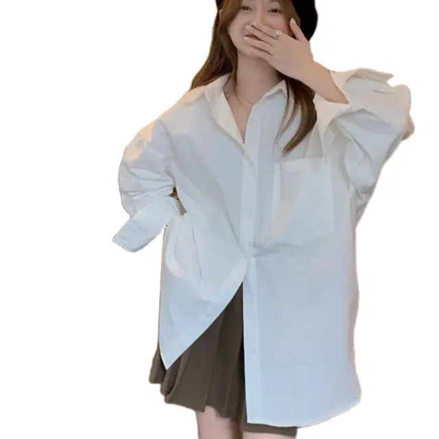 怪力萝莉 韩系中长款宽松慵懒风设计感长袖上衣衬衫 女款