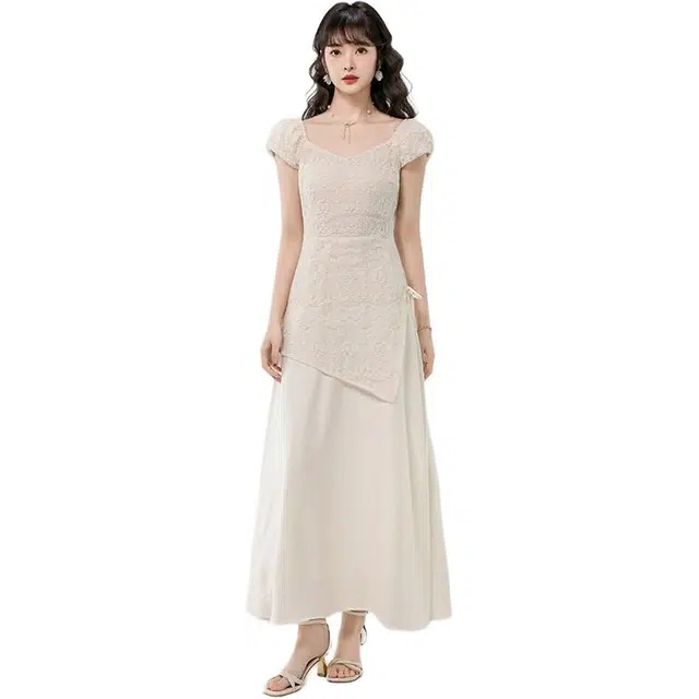 沐晓欣 温柔优雅蕾丝显瘦长款不规则假两件短袖连衣裙 女款