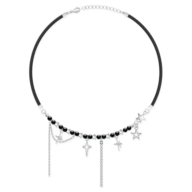 阡陌 暗夜之星链皮革流苏吊坠 甜酷潮搭个性嘻哈冷淡风 暗黑极简小众温柔精致复古气质 闺蜜女友礼盒 合金 项链 女款