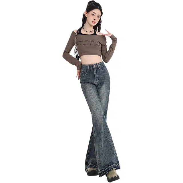 么宁 时尚微喇叭高腰牛仔裤 女款 复古蓝