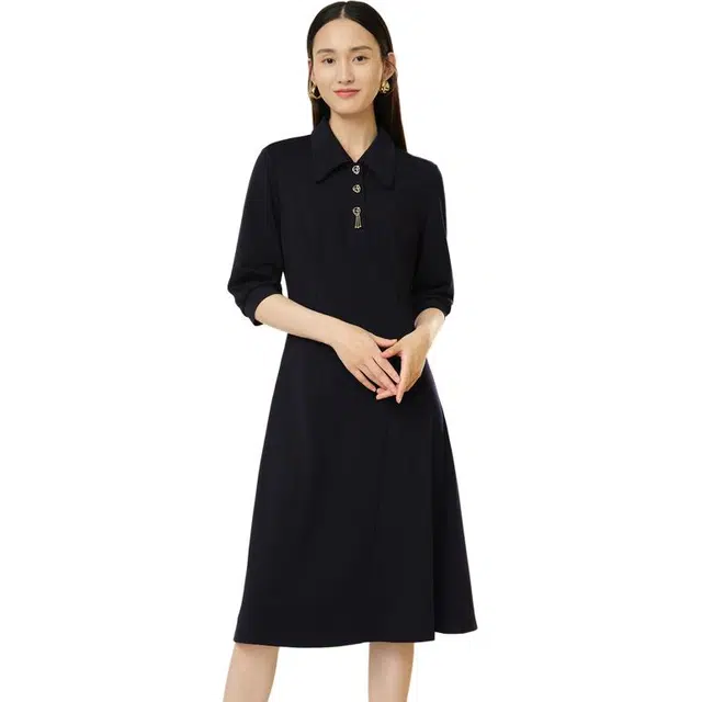 玖姿安娜蔻 纯色舒适简约七分长袖连衣裙 女款 丈青