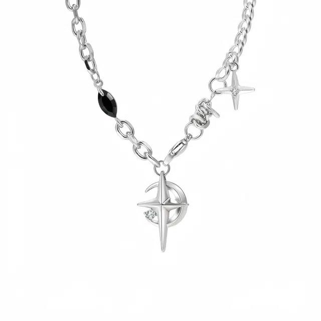 阿葱饰品 十字架光面弯月四芒星 甜酷痞帅辣妹高级感时尚个性小众设计潮牌日常百搭拼接 钛钢 项链 男女同款情侣款