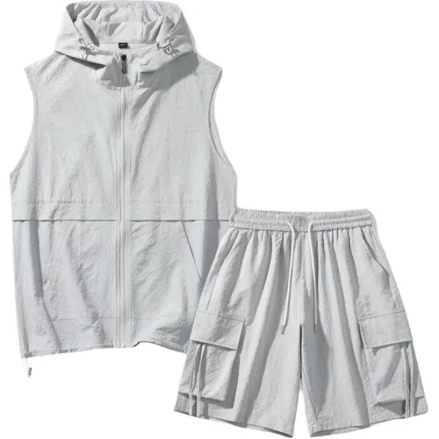 零氏 美式复古潮流无袖连帽背心百搭舒适松紧腰五分裤休闲运动套装 男女同款