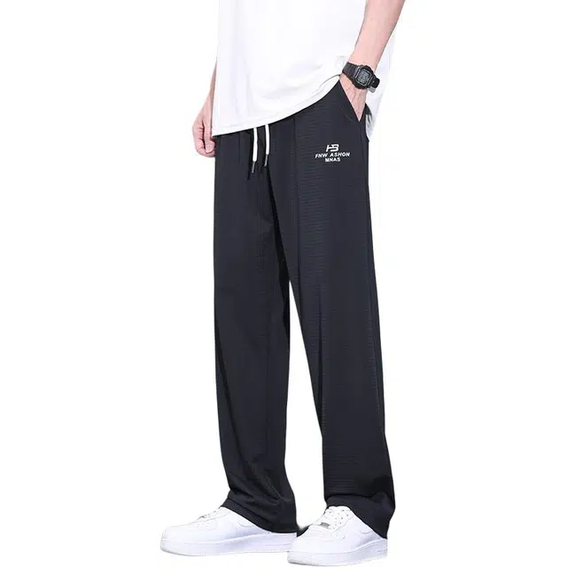 么宁 夏季薄款冰丝网孔速干垂感字母印花舒适透气简约百搭宽松直筒个性痞帅运动休闲裤 男女同款