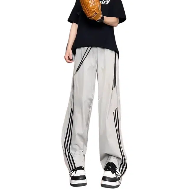 单爵 美式速干条纹冰丝裤子男夏季薄款宽松阔腿裤直筒垂感休闲裤 男女同款