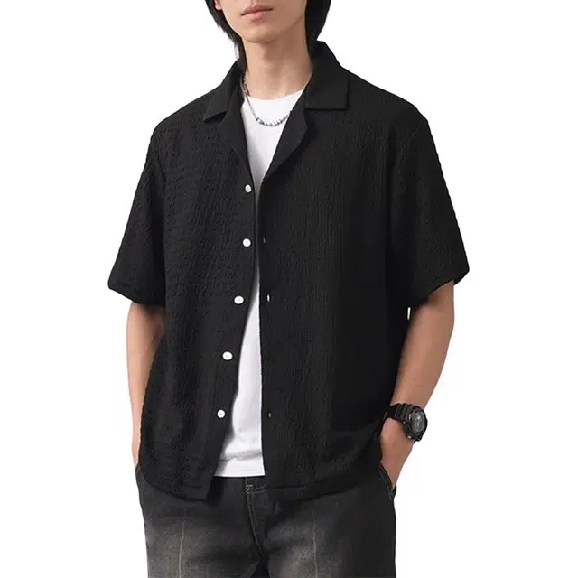 杜克恩 美式复古重磅肌理感古巴领衬衣外套夏季宽松简约潮流短袖衬衫 男款