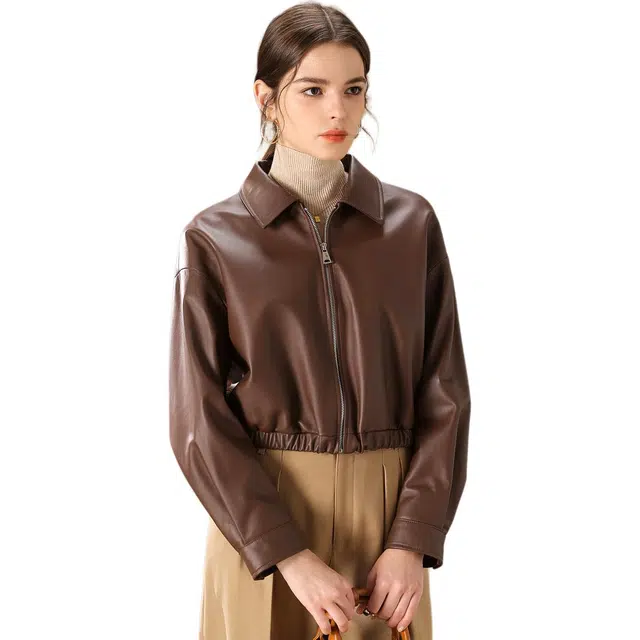 粉红玛琍 潮流时尚宽松机车服皮衣 女款 咖色