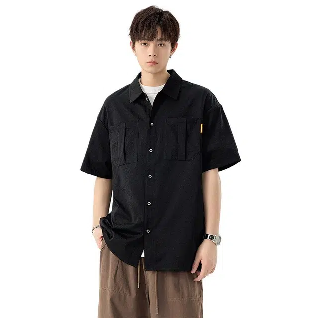 佐菲利 潮流纯色翻领复古工装休闲时尚宽松百搭短袖衬衫 男款