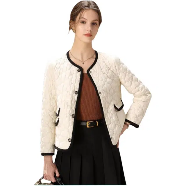 粉红玛琍 简约单排扣长袖棉服 女款 米白