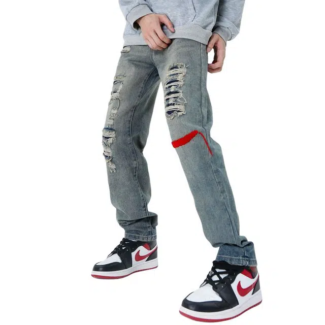 极限涡轮 高街撞色刺绣破洞宽松阔腿牛仔裤 男女同款 蓝色