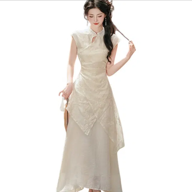 丝絮丝绸 新中式改良旗袍裙复古国风盘扣假两件不规则短袖连衣裙 女款