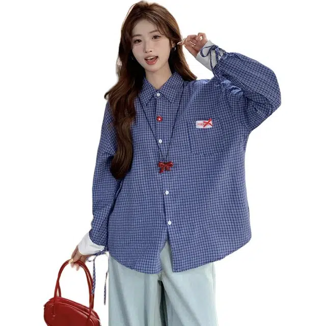 淑好百 春夏韩系设计感贴布复古长袖防晒外套上衣百搭慵懒宽松长袖衬衫 女款 蓝格子