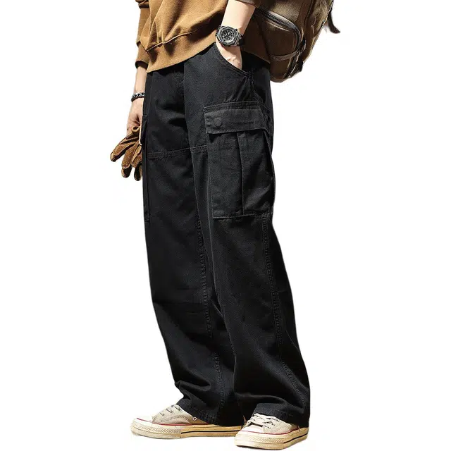 格蓝鹿 帅气经典百搭多口袋美式拖地长裤休闲裤 男女同款 黑色