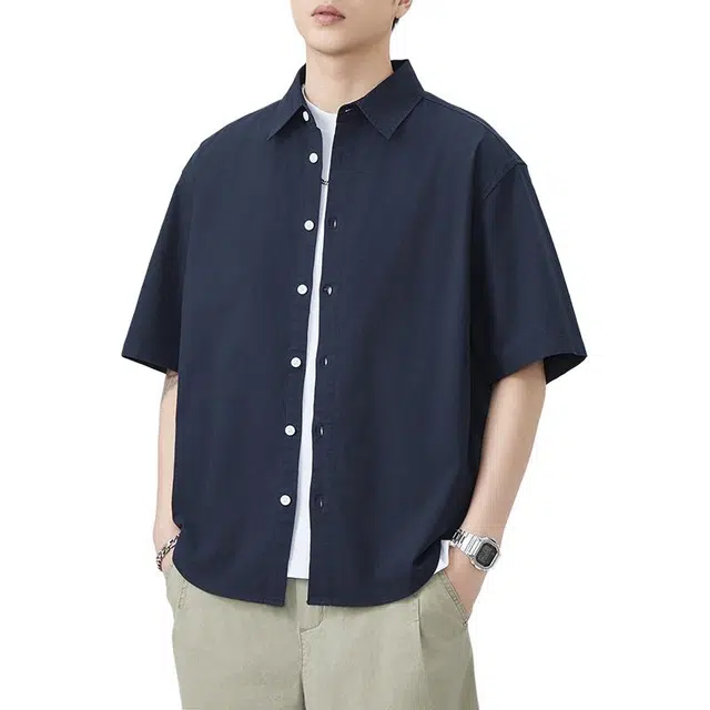 左岸 夏季轻薄纯棉透气短袖衬衣日系复古翻领纯色简约休闲上衣衬衫 男款