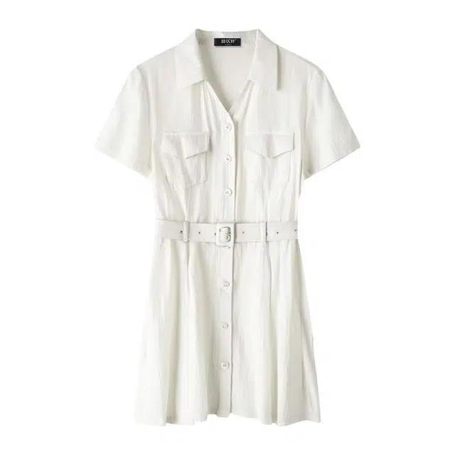 潞优野 气质简约舒适口袋百搭泡泡袖收腰休闲通勤气质显瘦短袖连衣裙 女款