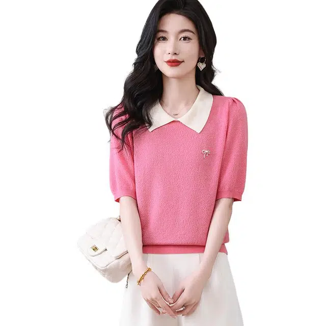 曲韩 拼色娃娃领植物花卉短袖圆领针织衫 女款