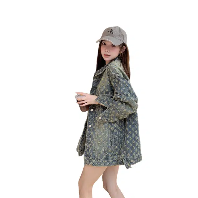 涂诗菲 美式复古提花百搭舒适牛仔外套 女款 蓝色