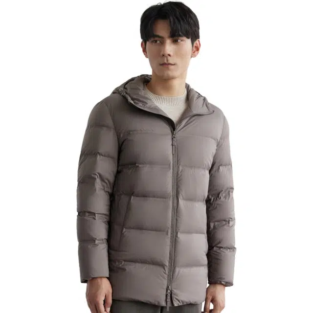 依文 纯色连帽休闲羽绒服 男款 灰咖色