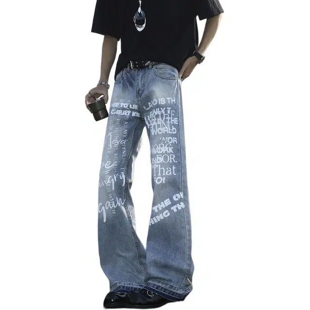 沃马 美式高街字母印花学院流行简约潮牌毛边直筒牛仔裤 男女同款 浅蓝色