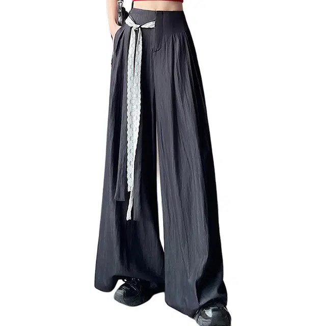 敲模女孩 学院风设计感蕾丝系带冰丝垂感大裤脚阔腿拖地休闲裤 女款