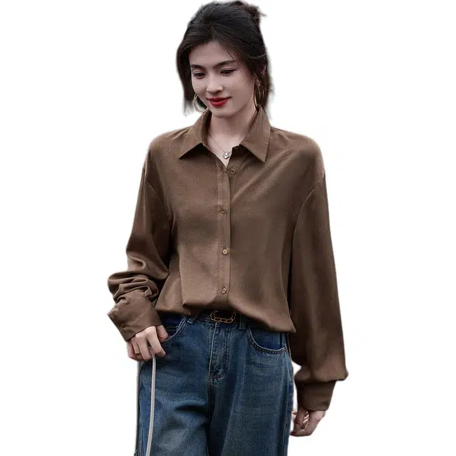 【dme】 纽扣纯色落肩长袖衬衫 女款 咖啡色