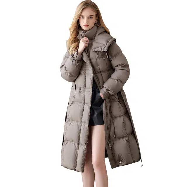 她池 气质简约连帽宽松中长款百搭长袖羽绒服 女款 橄榄绿