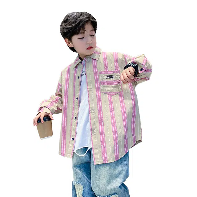 俞兆林衬衫 洋气舒适条纹长袖 粉色 儿童款