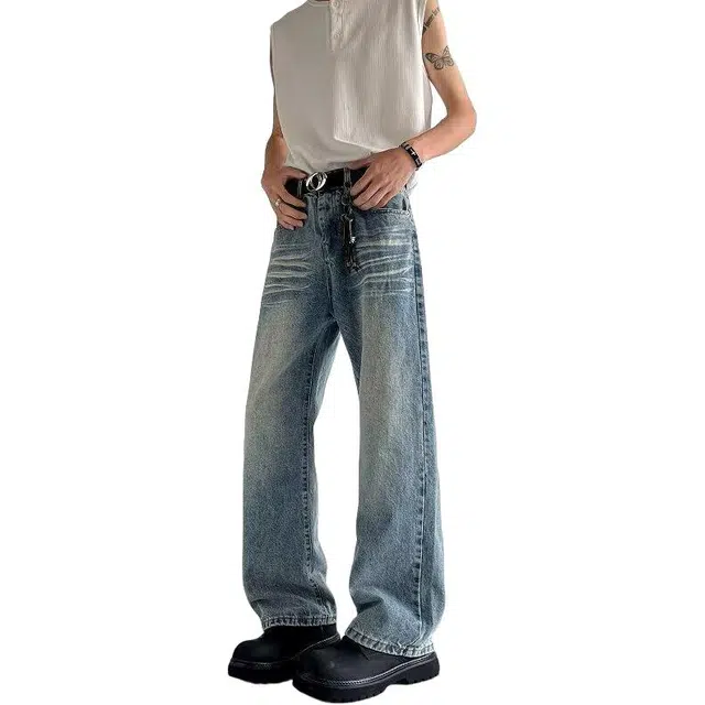 沃马 美式复古宽松直筒水洗做旧废土风牛仔裤 男女同款 蓝色