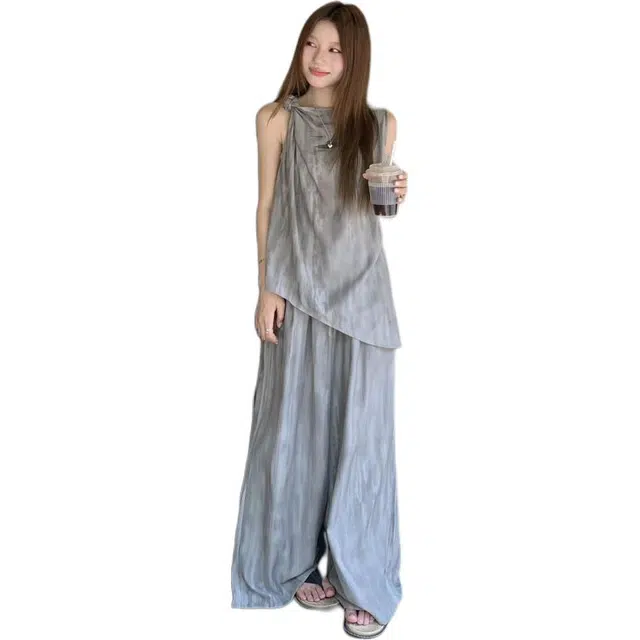 水中花 一整套纯色合身圆领无袖上衣阔腿裤两件套休闲套装 女款