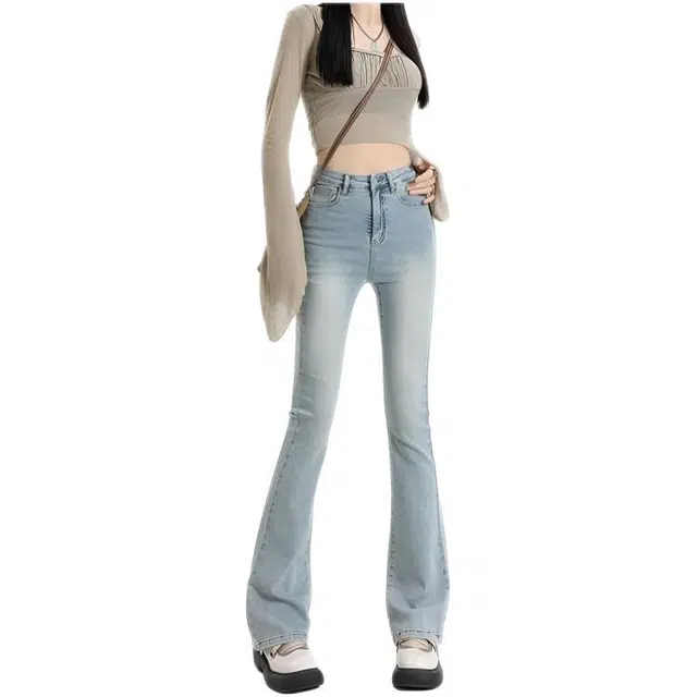 天才小熊 小个子美式复古马蹄裤潮流时尚休闲微喇叭裤女高腰显瘦弹力牛仔裤 女款