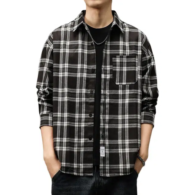 贵色 潮流美式休闲日常百搭复古高街格子长袖衬衫 男女同款