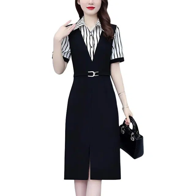 水中花 妈妈装气质显瘦舒适短袖连衣裙 女款