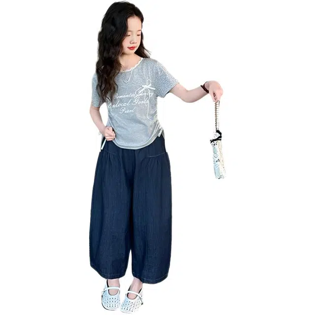 天才小熊休闲运动套装 女童夏季大童潮牌小孩衣服 小女孩短袖 蝴蝶结牛仔裤 洋气时髦 漂亮 甜美