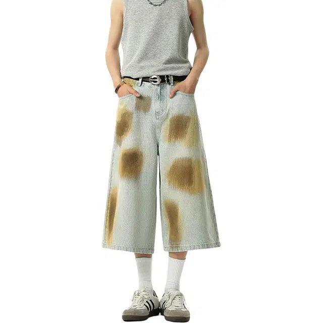 沃马 美式高街宽松直筒喷墨学院风百搭舒适通勤户外牛仔短裤 男女同款