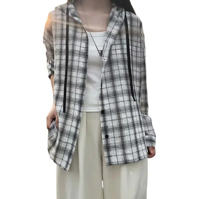 黑马漫画 黑白格子连帽衬衫 超轻防晒服 男女同款