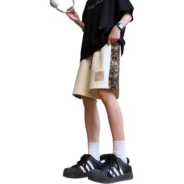 徐百货 国风刺绣小熊设计感夏季宽松潮牌拼接裤子过膝运动五分裤休闲短裤 男女同款