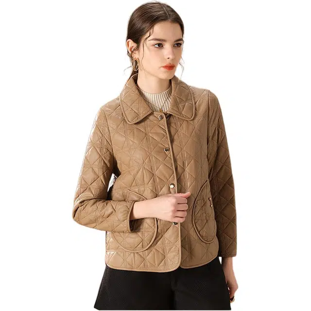 粉红玛琍 纯色翻领合身棉服 女款 驼色