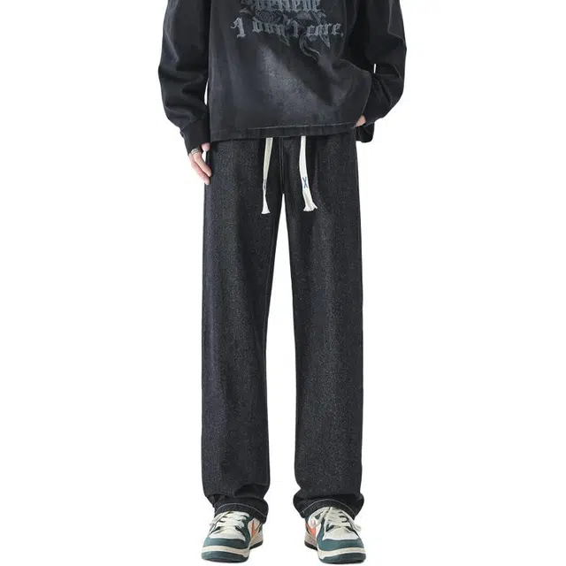 极限涡轮 美式潮牌系带阔腿宽松休闲水洗做旧百搭休闲时尚牛仔牛仔裤 男女同款