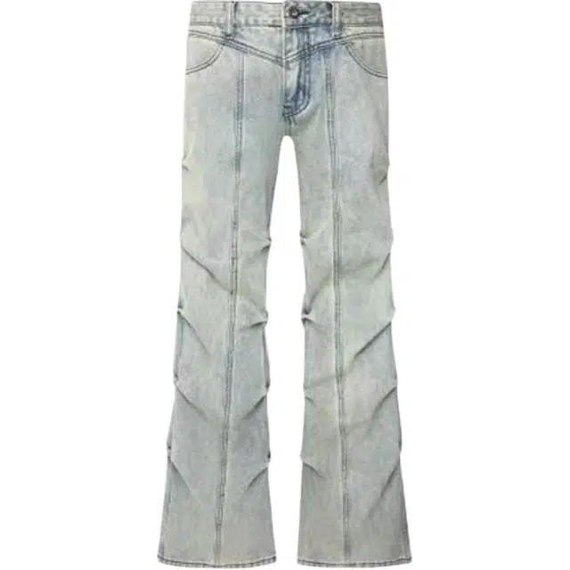 零氏 复古美式水洗做旧褶皱宽松微喇牛仔裤  男女同款